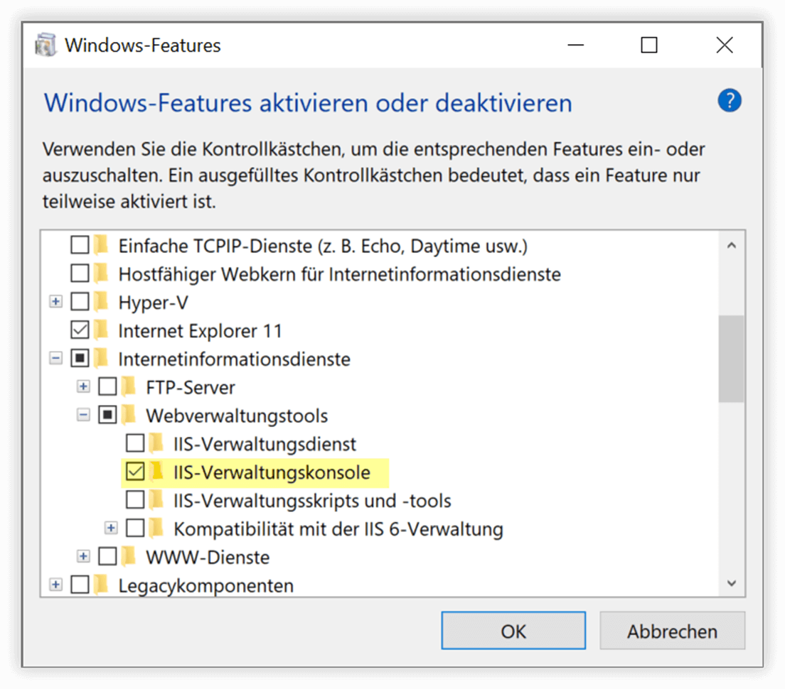 Windows-Feature: IIS-Verwaltungskonsole