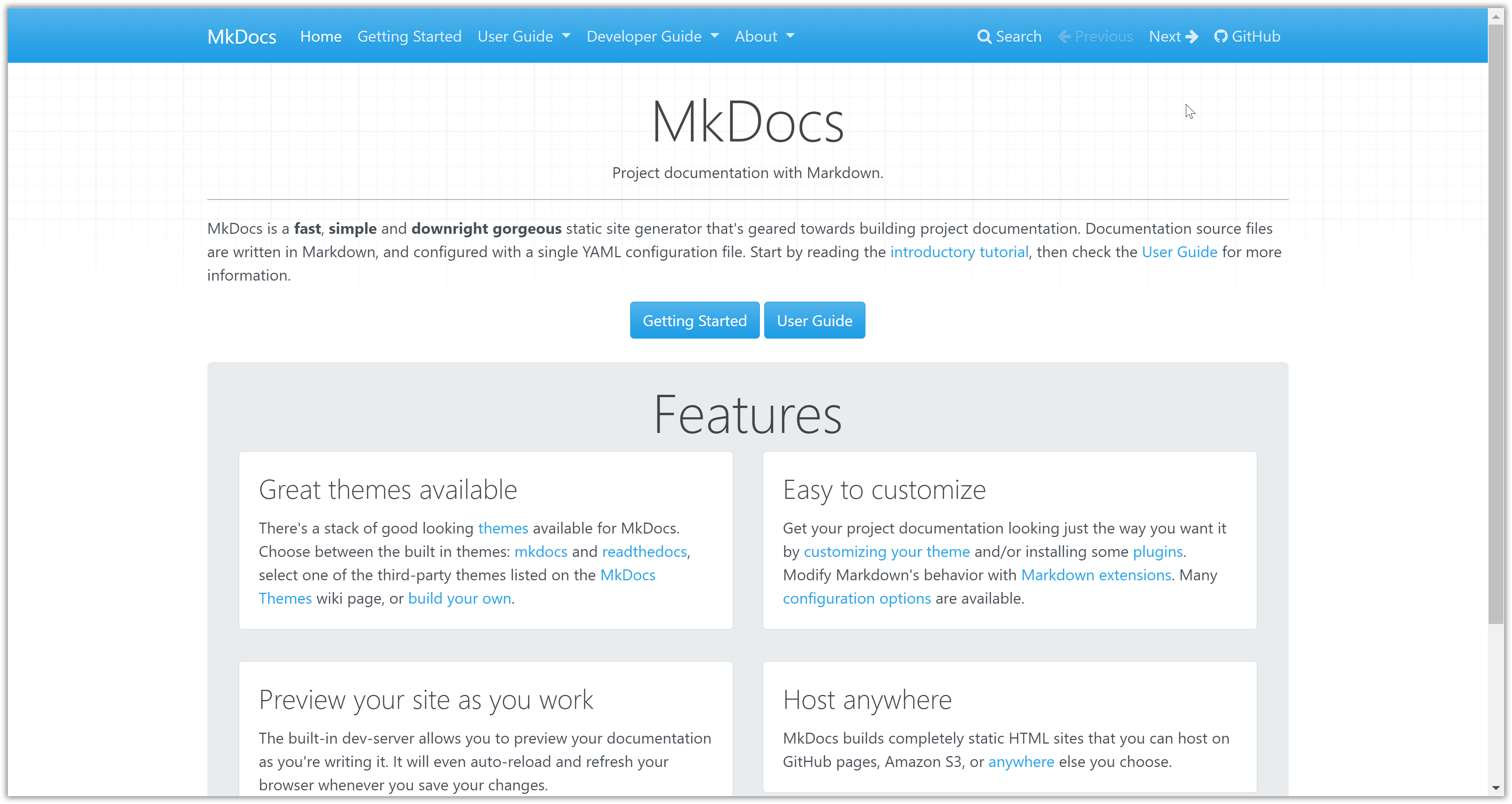 Die MkDocs-Homepage