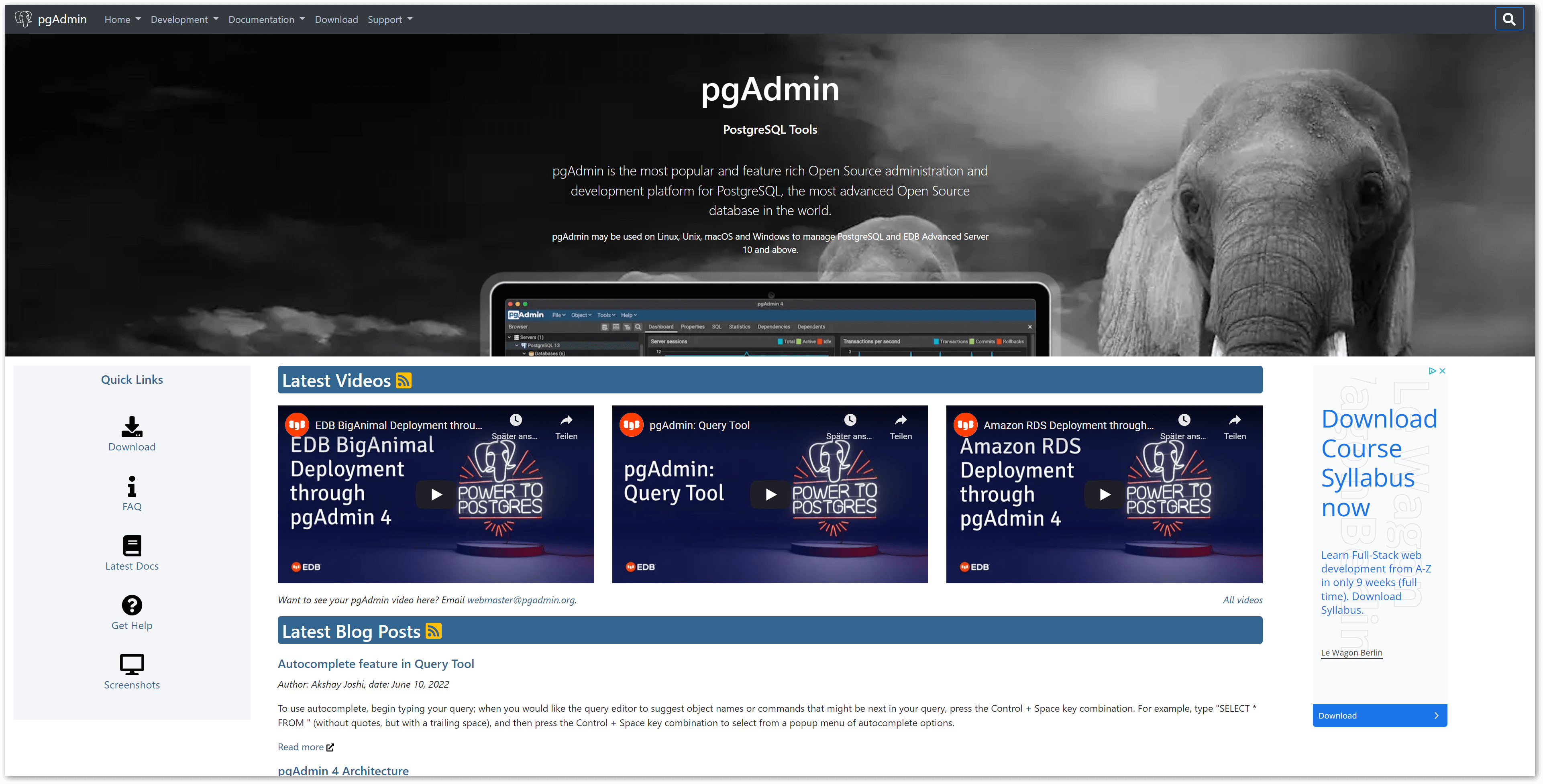 Die pgAdmin-Homepage