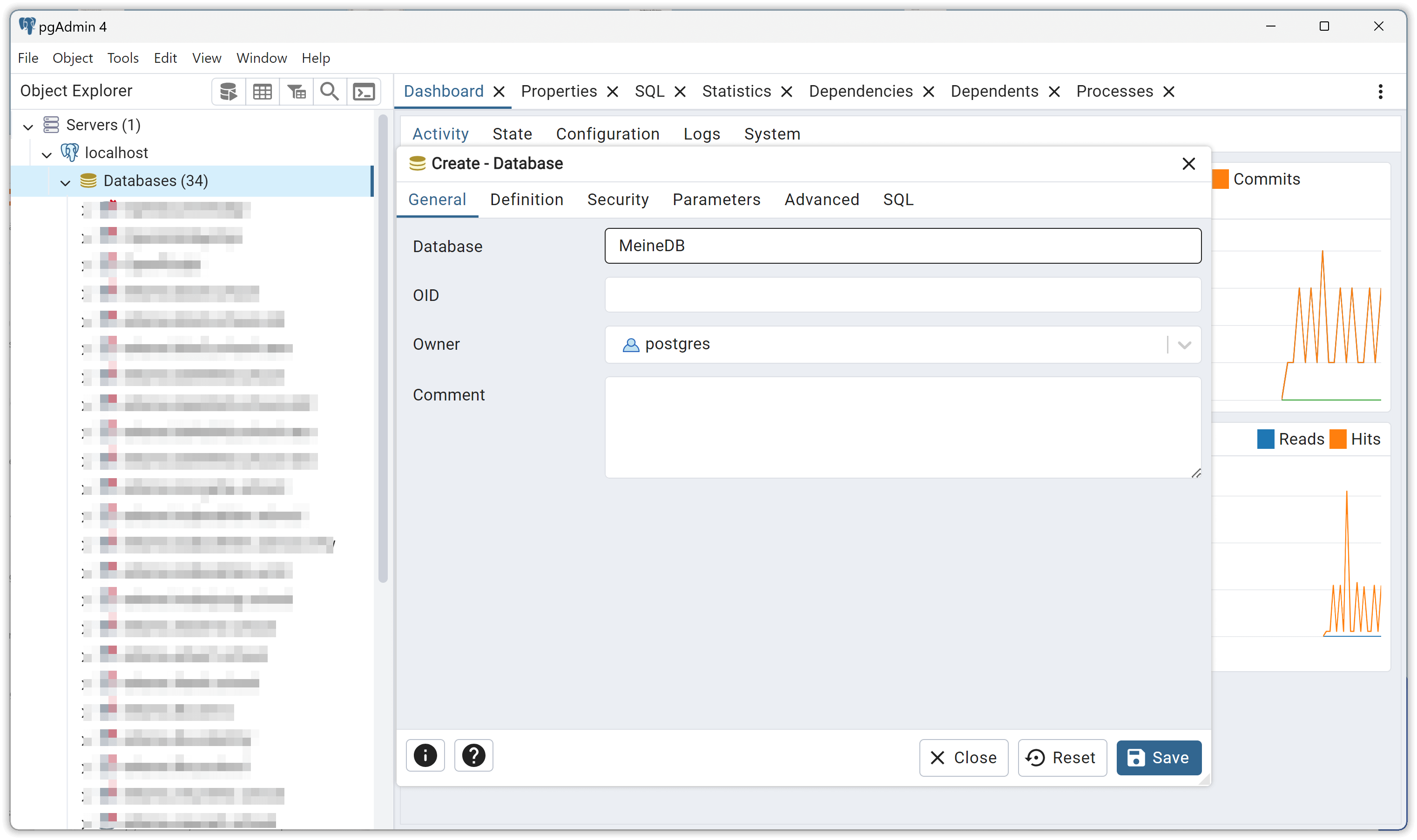 Dialogfenster Create - Database