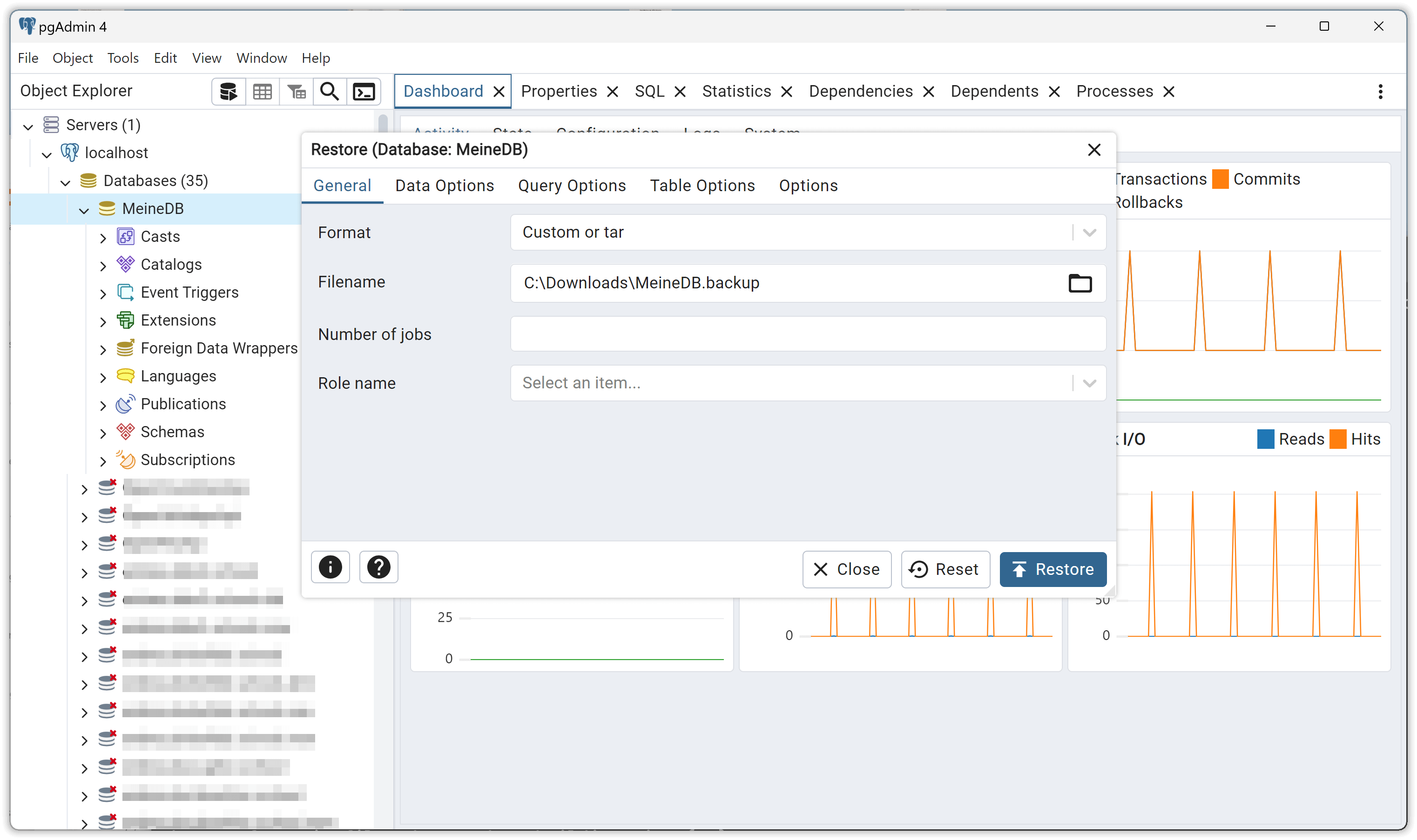 Dialogfenster Restore