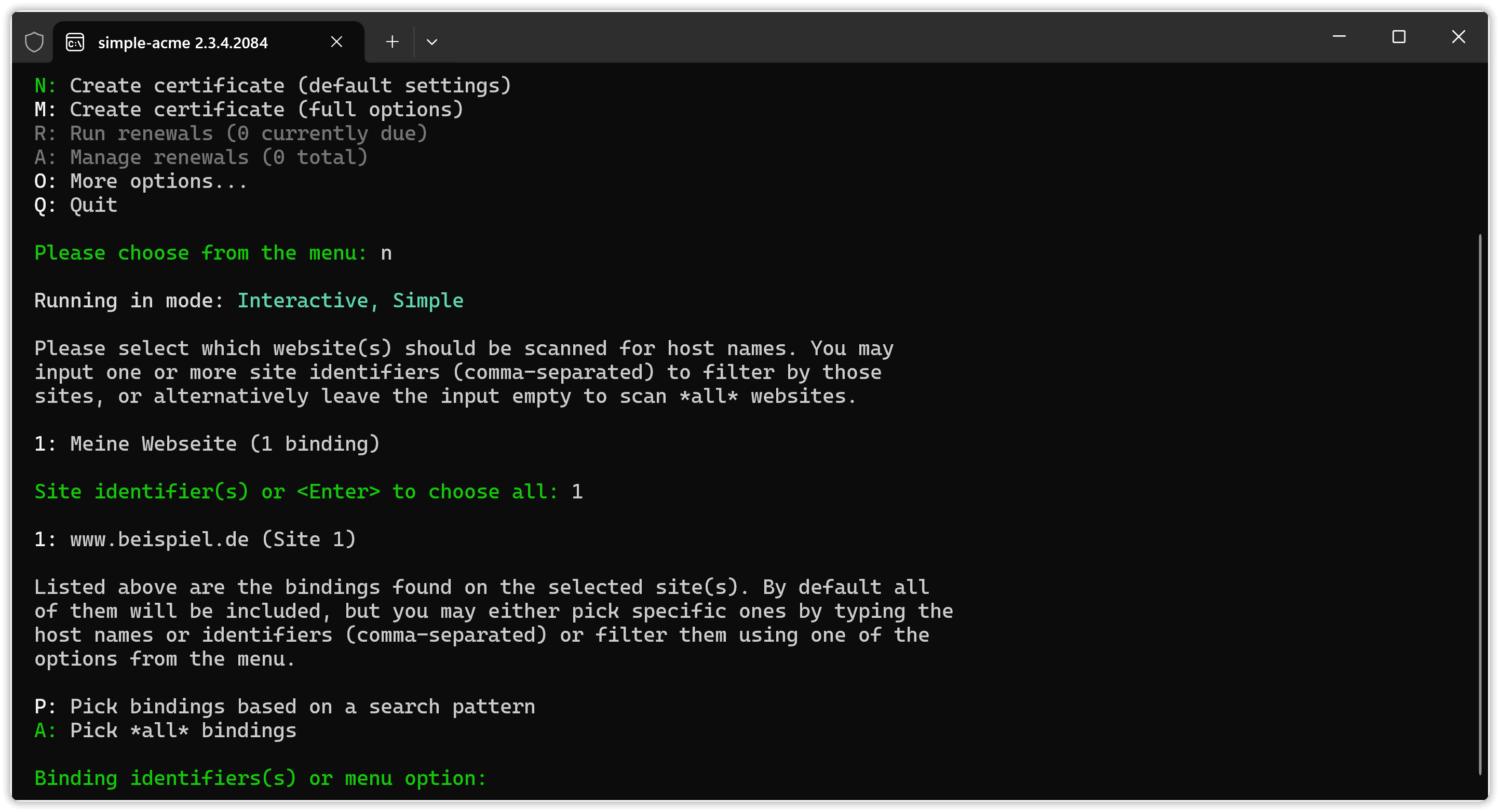simple-acme - Webseite auswählen