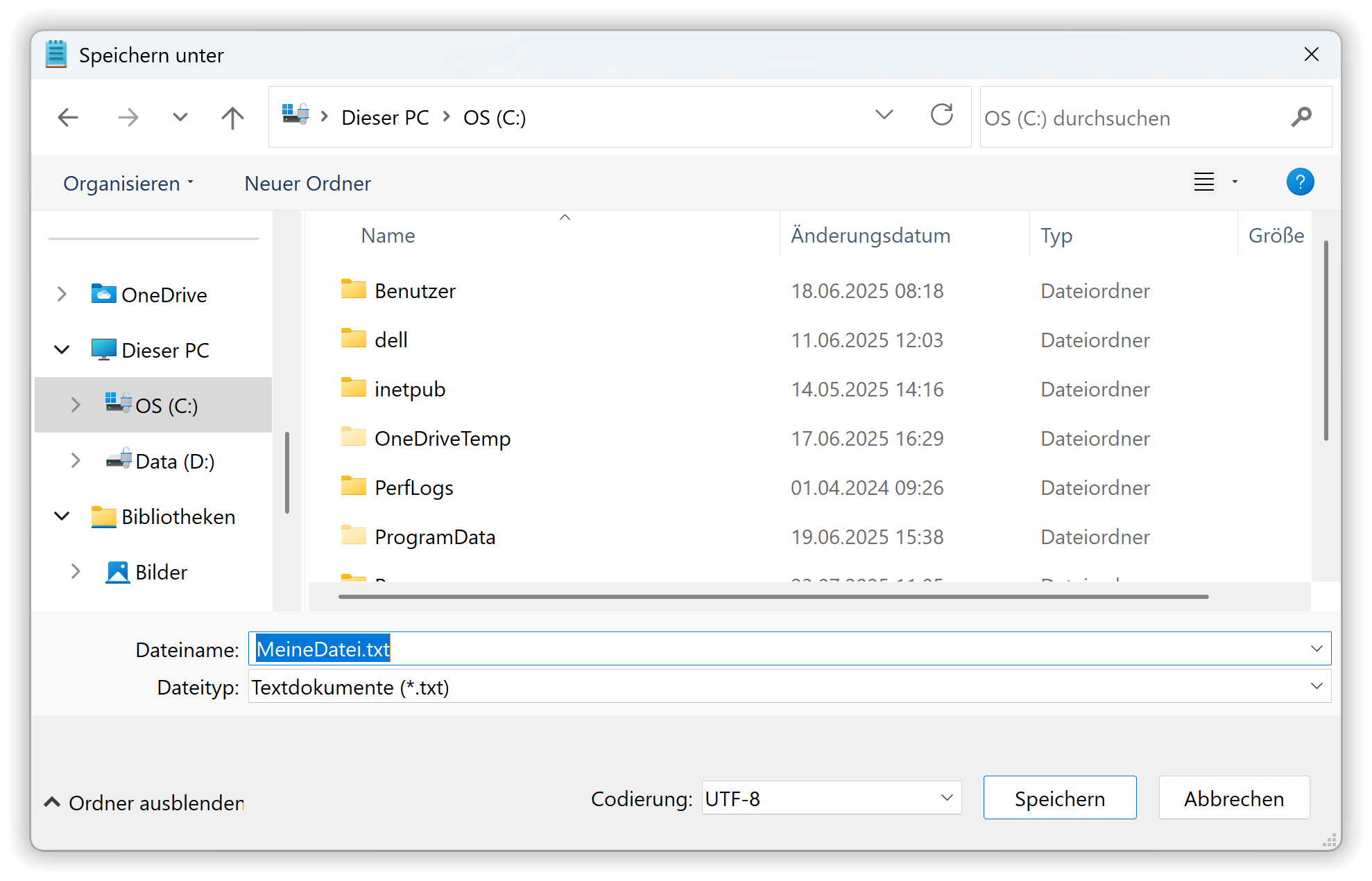 Das Dialogfenster 'Speichern unter' im Windows-Editor
