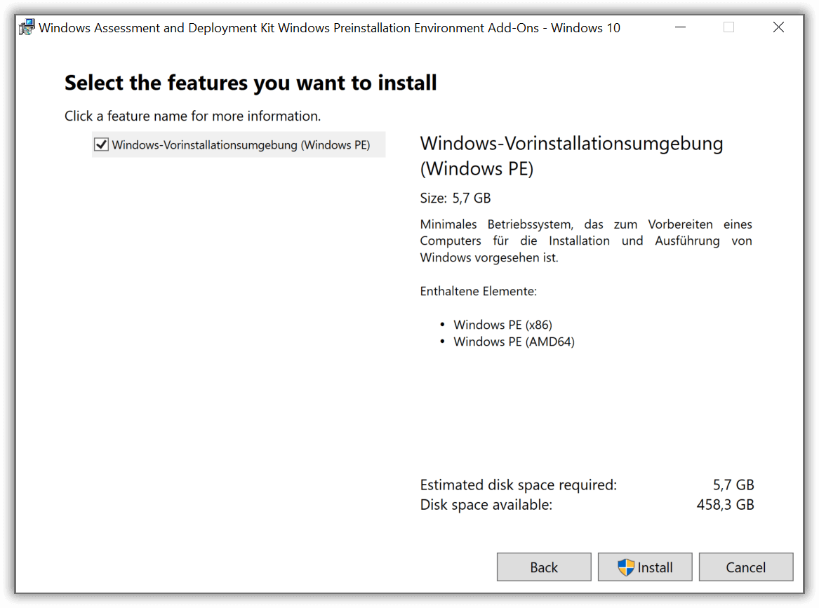 Windows PE als Add-On installieren