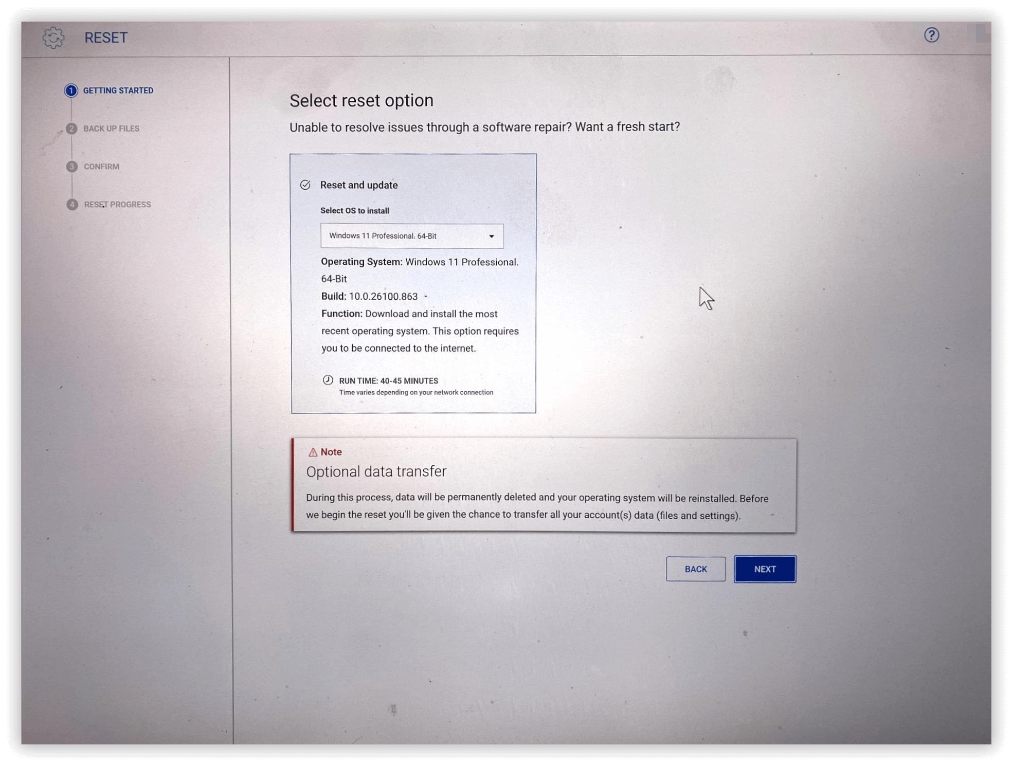 DELL Reset - Select reset option