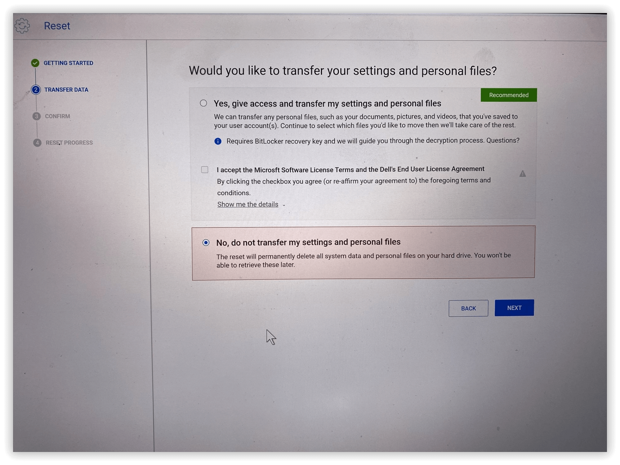 DELL Reset - Select reset option
