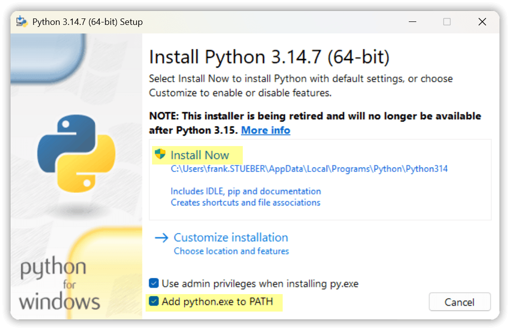 Start der Installation